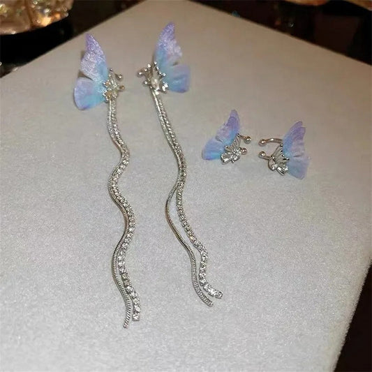 Purple Gradient Butterfly Fairy Earrings Zircon Butterfly Long Tassel Earrings - FlyingCart.pk
