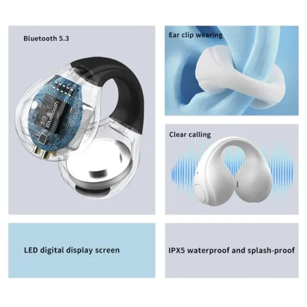 Ear Cuff Wireless Earbuds with Ear hooks – Waterproof Bone Conduction Sports Headphones - Flyingcart.pk