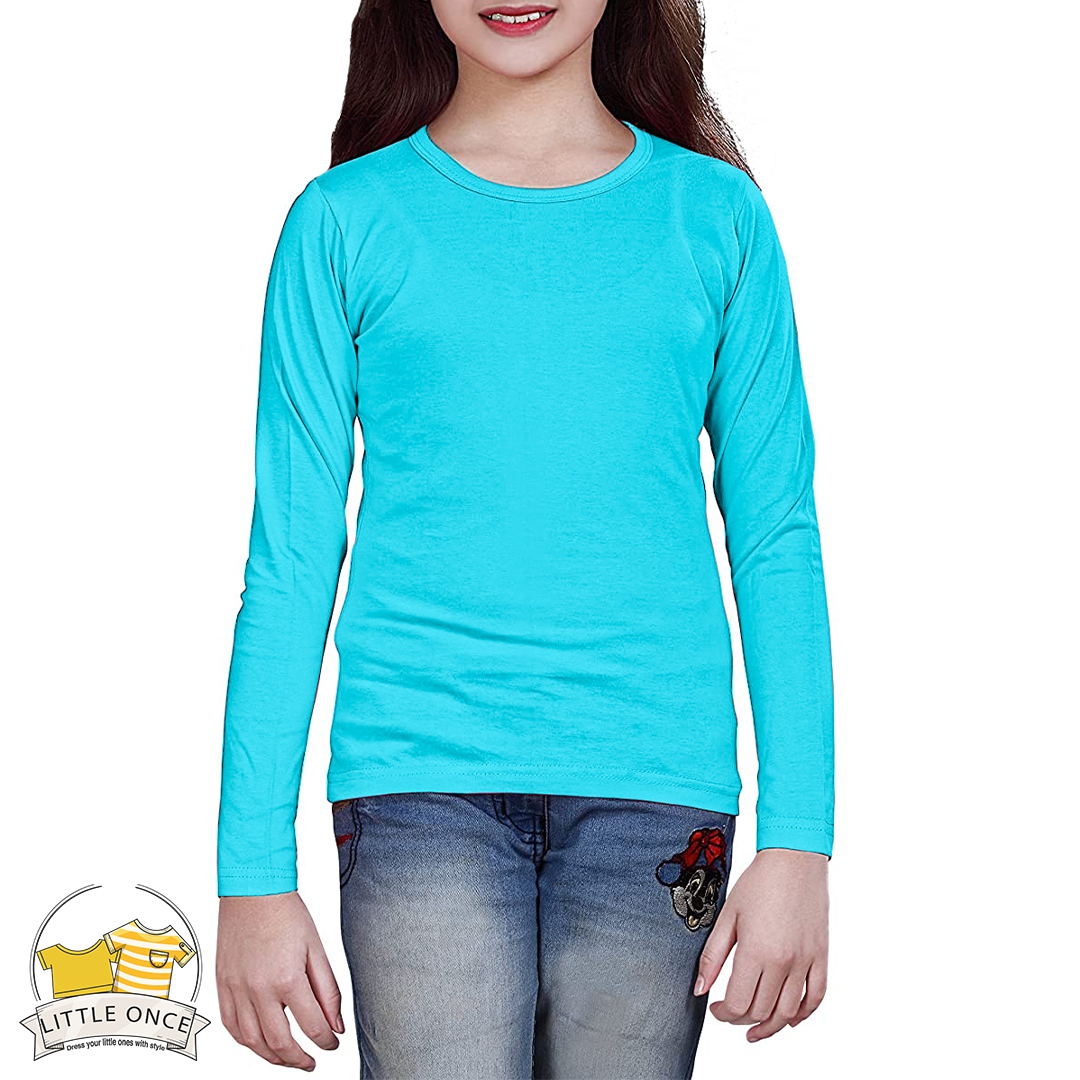 Aqua Blue  Kids Full Sleeves T-Shirt For Girls - FlyingCart.pk