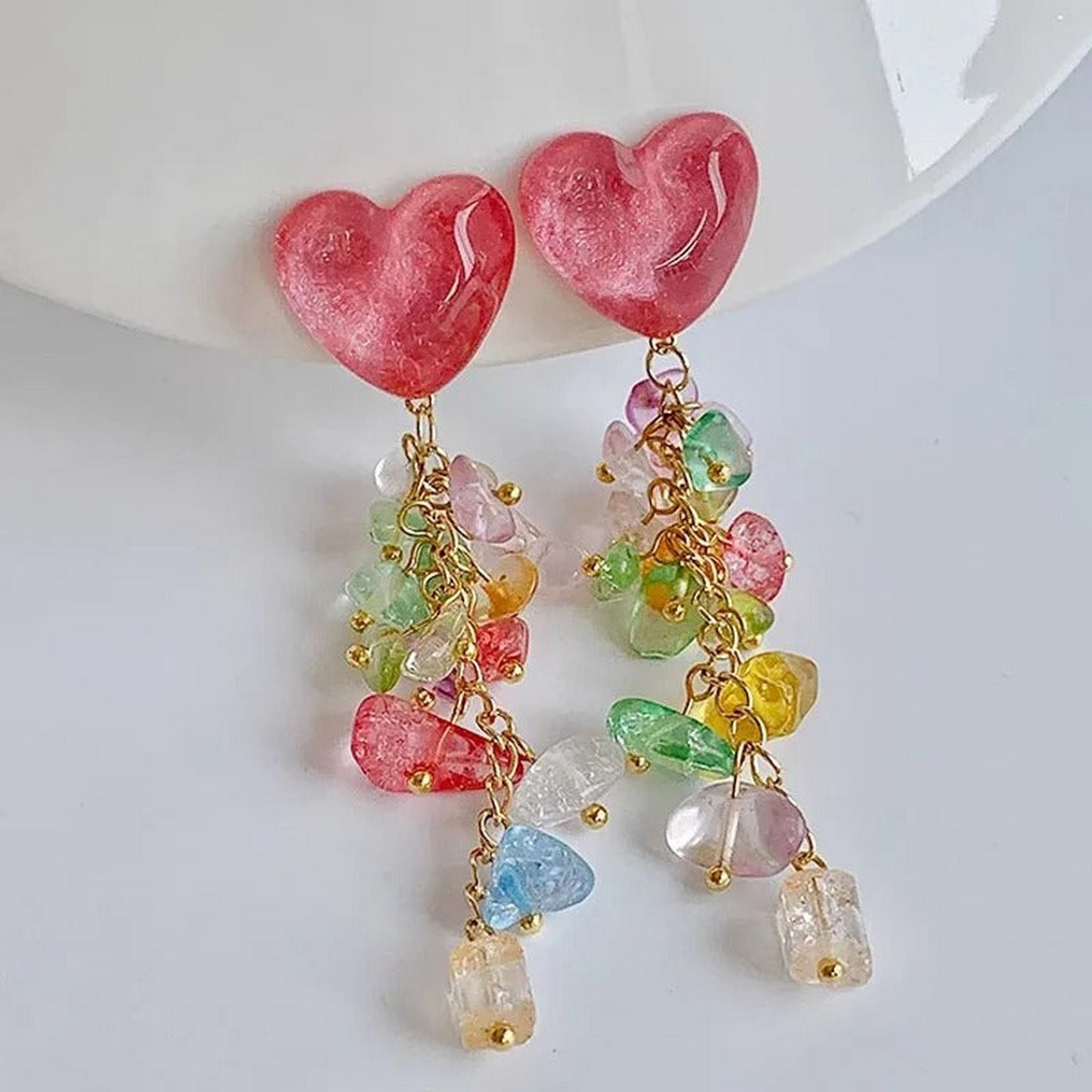 Pink Stone Long Clip On Earrings