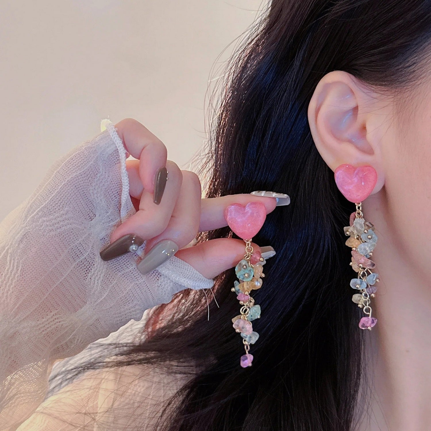 Pink Stone Long Clip On Earrings For girls- FlyingCart.pk