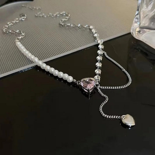 Elegant Retro Pearl And Zircon Heart Beads Necklace Light Luxury - FlyingCart.pk